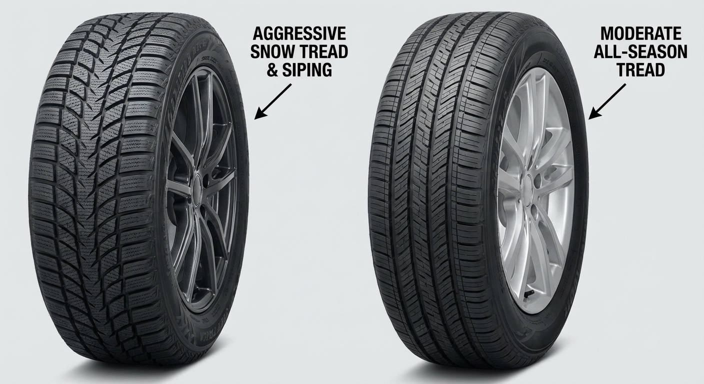 Winter tires with deep tread pattern next to all-season tires