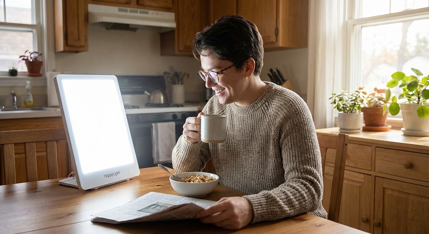 Person using a light therapy box during morning routine