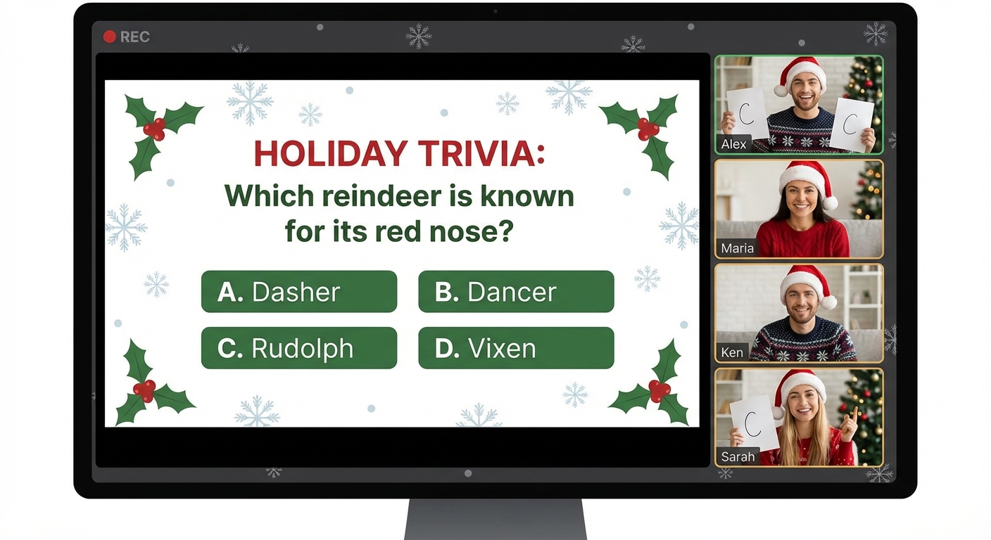 Screenshot of holiday trivia game on screen share during video call
