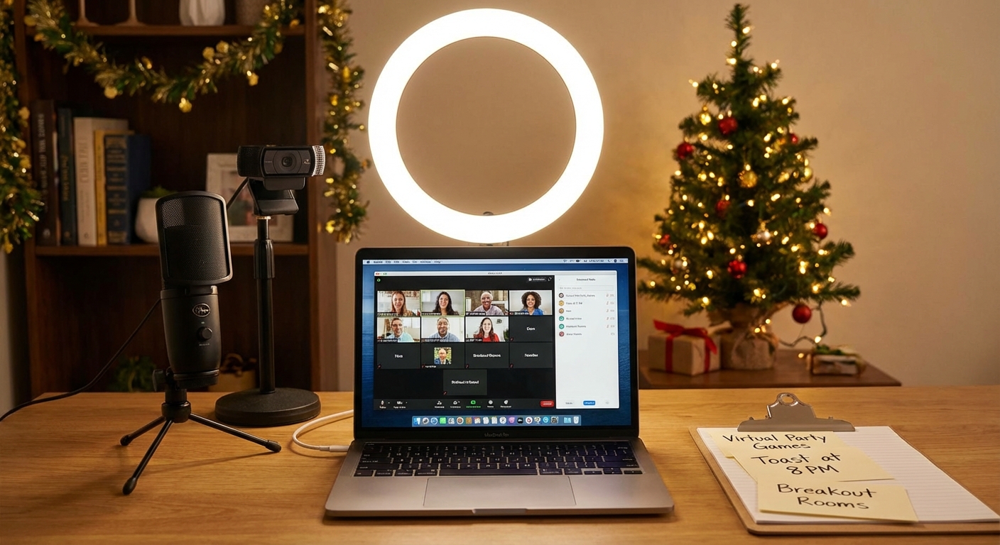 Well-lit desk setup for hosting video party with ring light