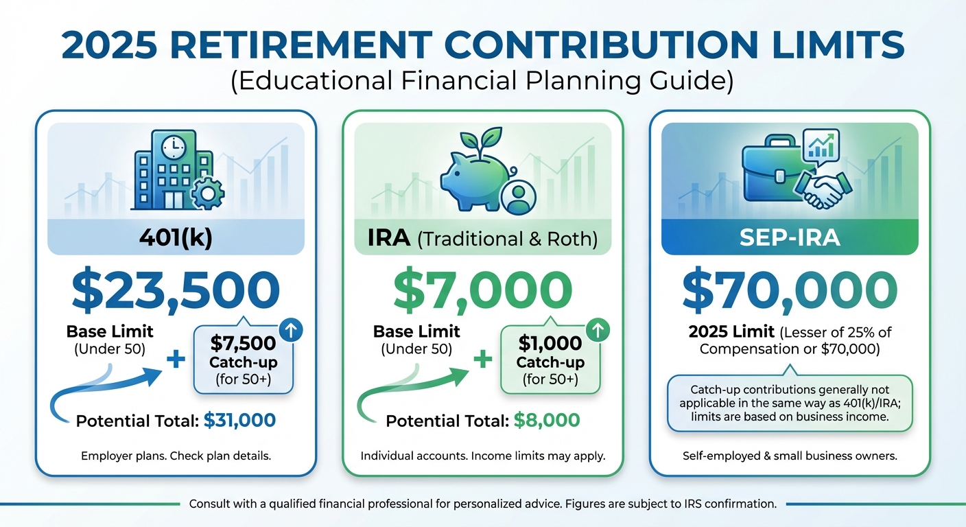 Infographic showing 2025 retirement contribution limits