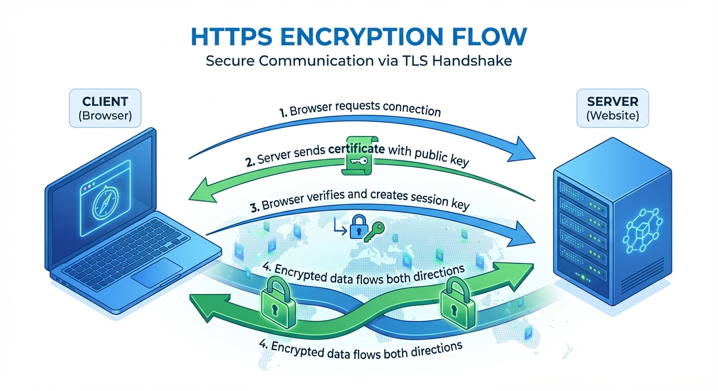 Diagram showing HTTPS encryption between browser and server