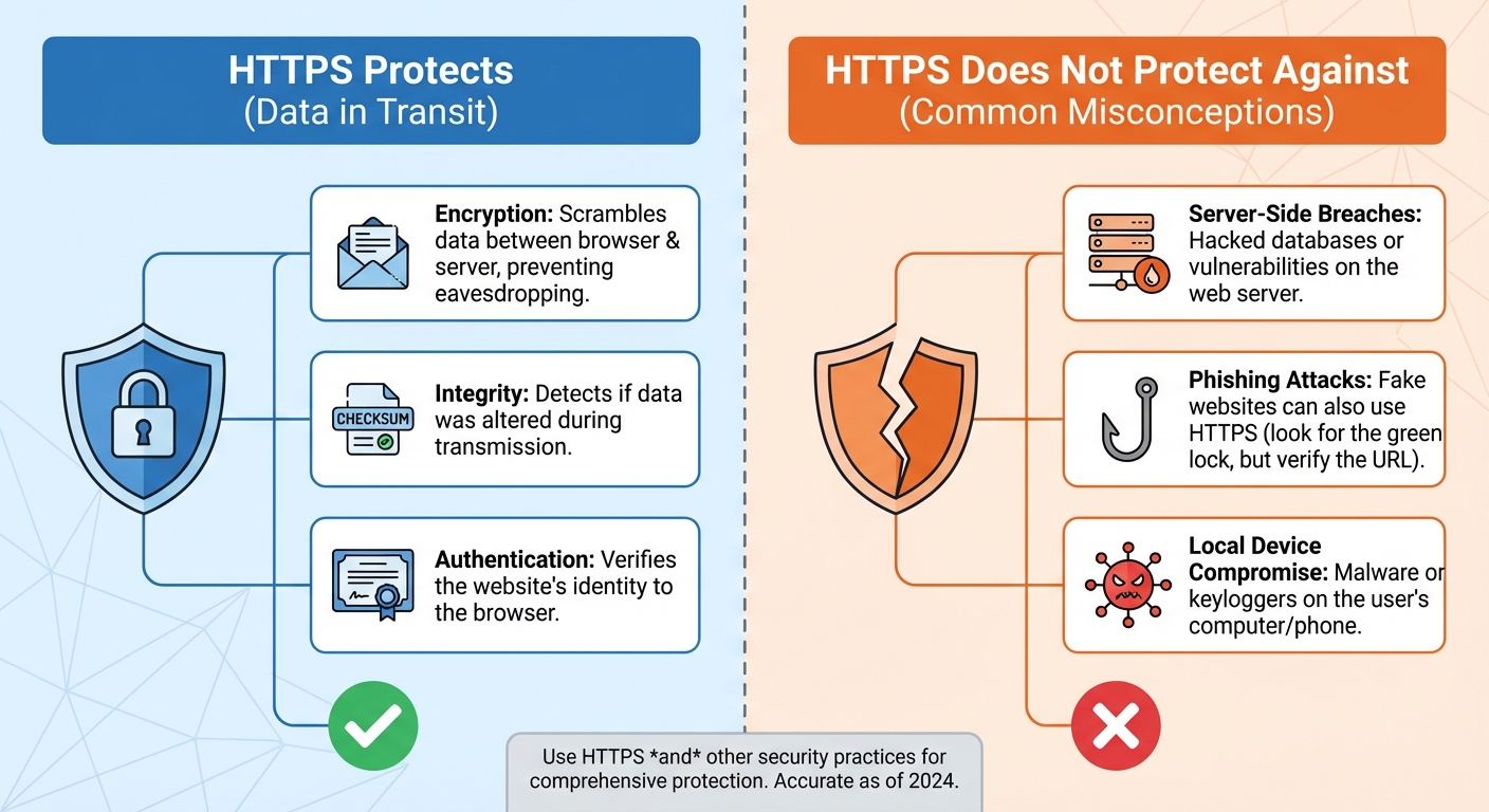 Infographic showing what HTTPS does and does not protect