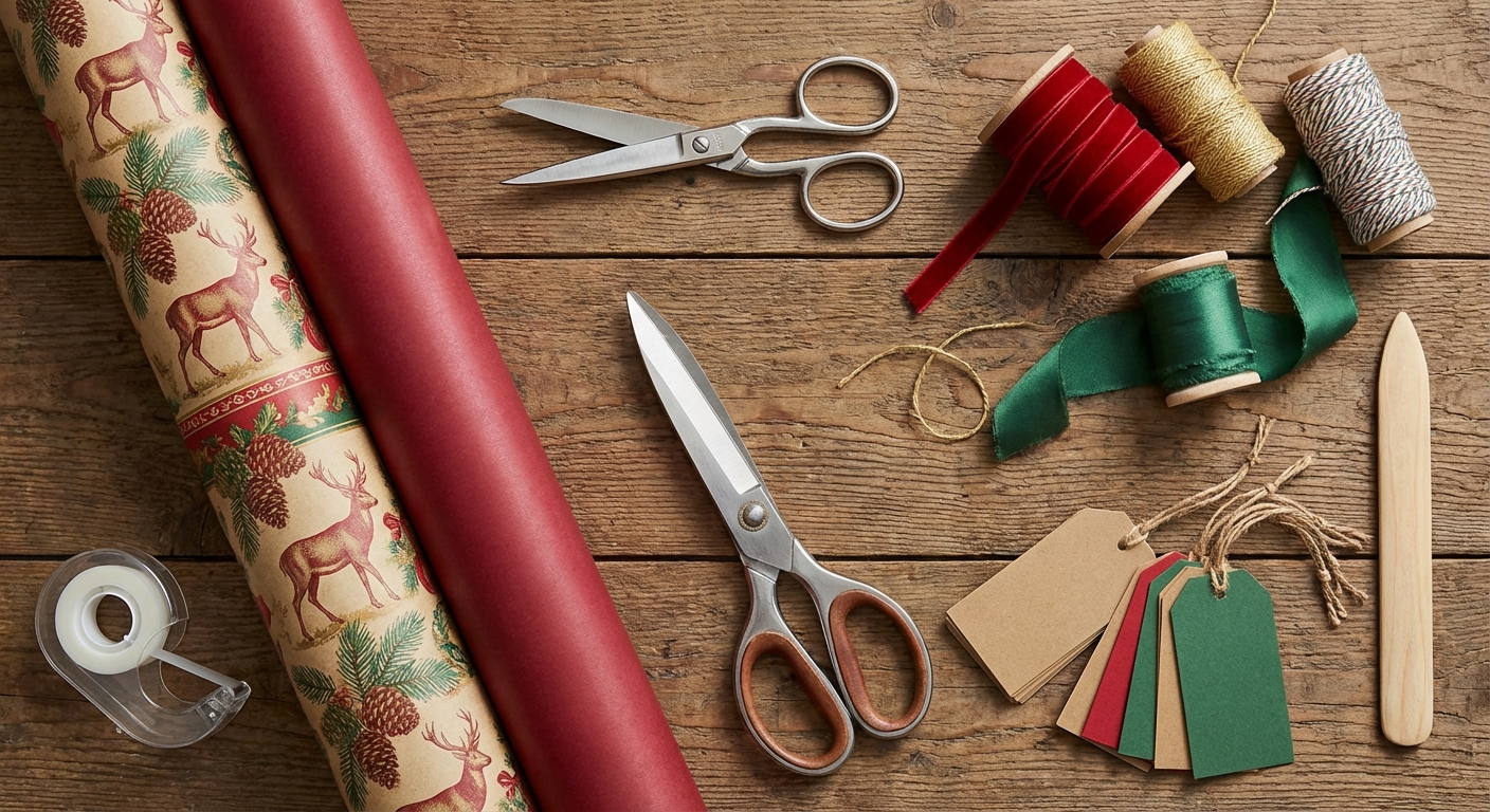 Gift wrapping supplies arranged neatly on table