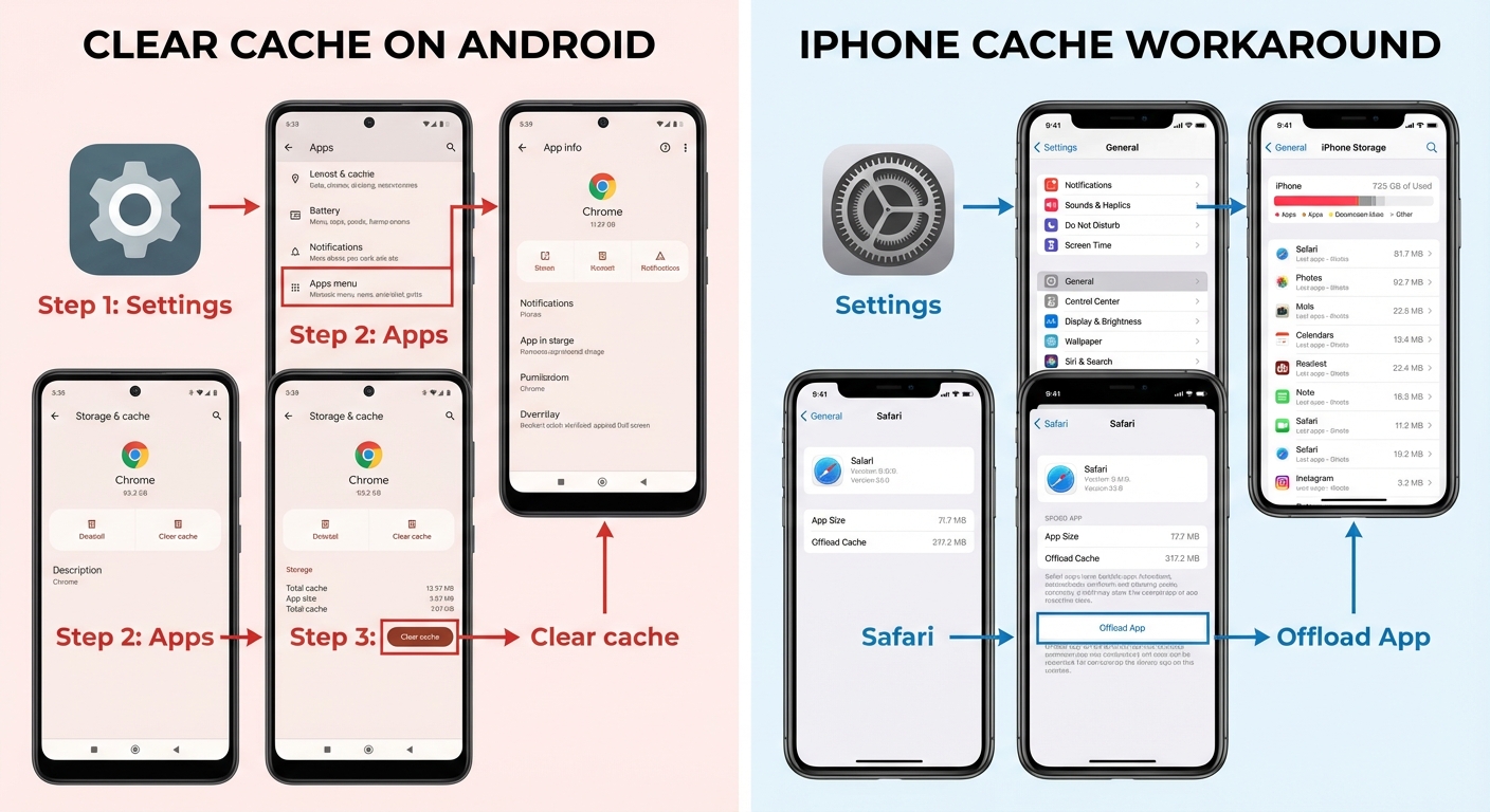 Screenshots showing how to clear app cache on phone