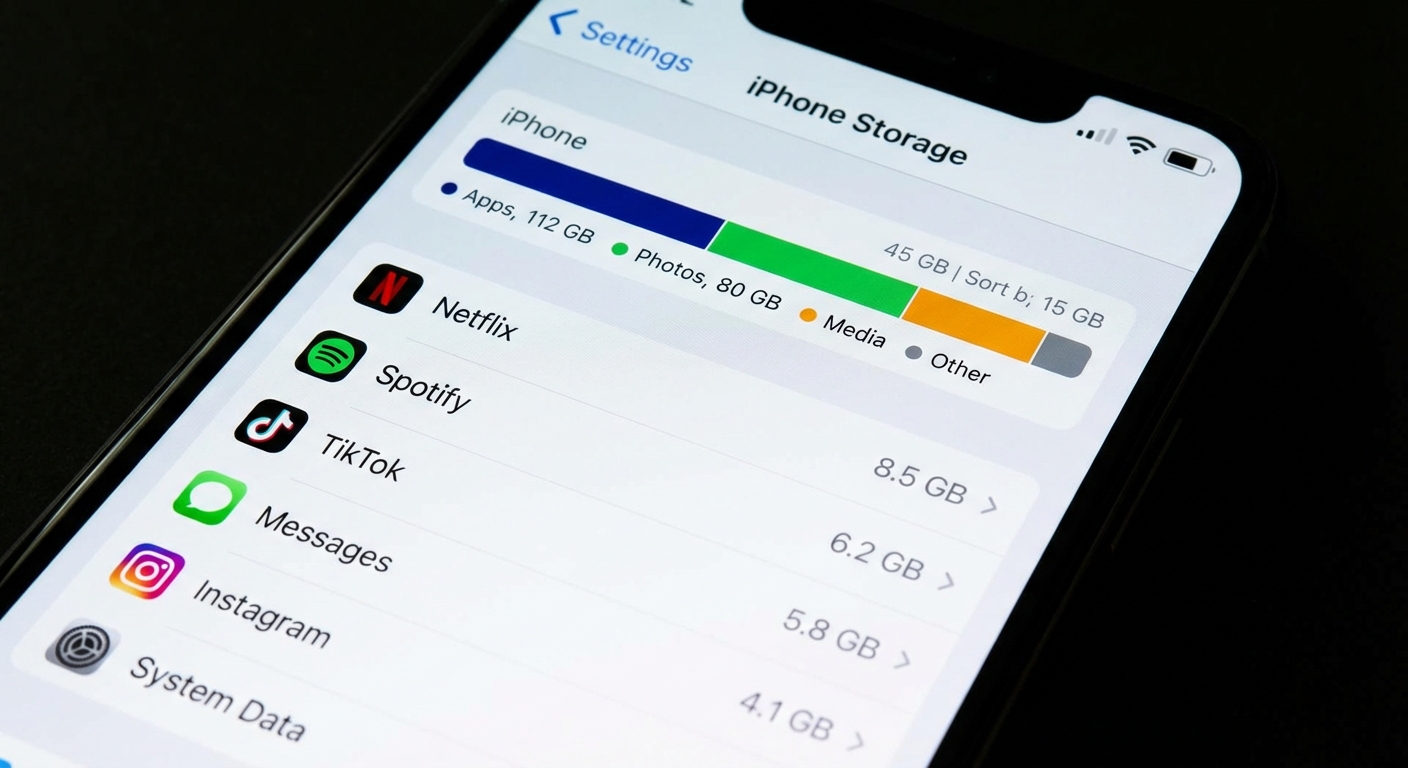 Phone storage breakdown screen showing space usage by category