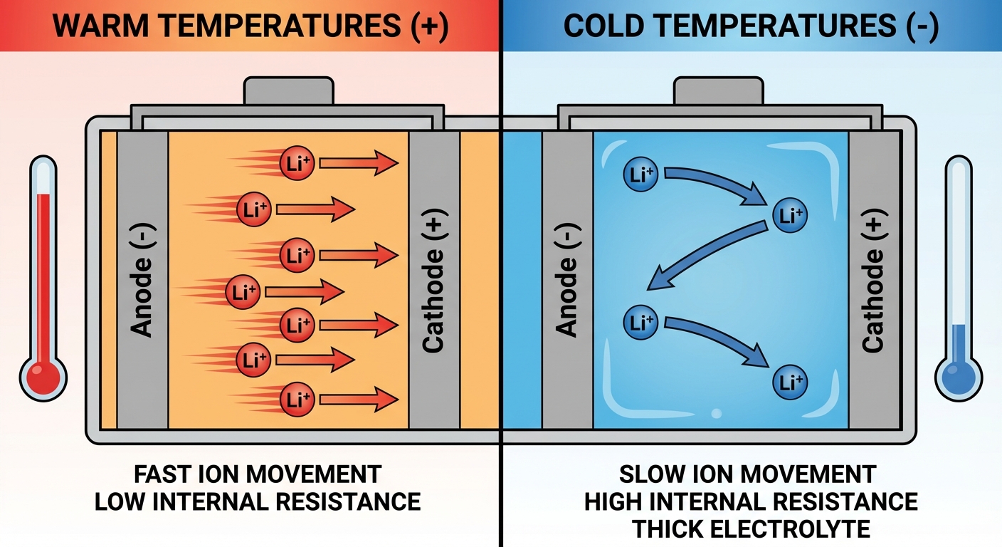 Diagram showing ion movement in warm versus cold batteries