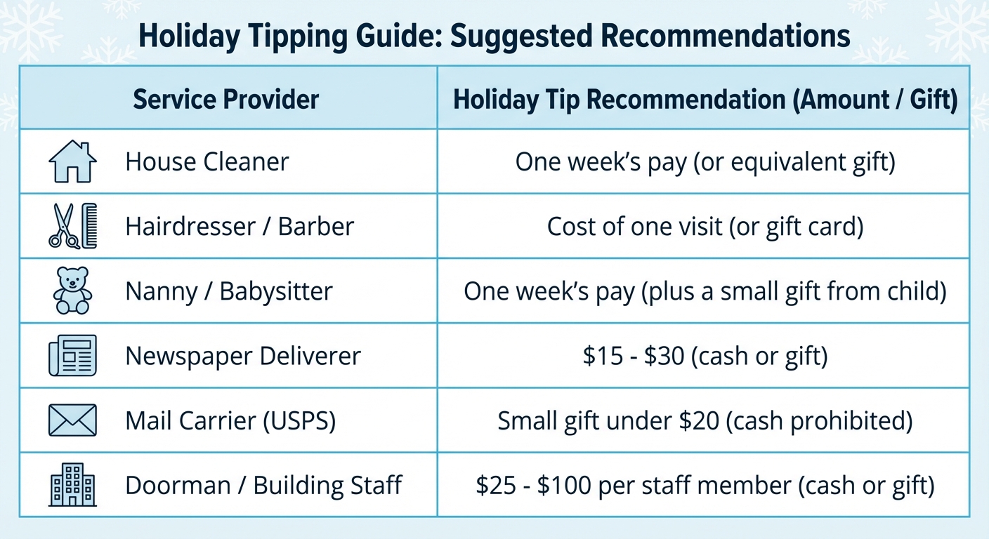 Chart showing recommended holiday tip amounts by service type