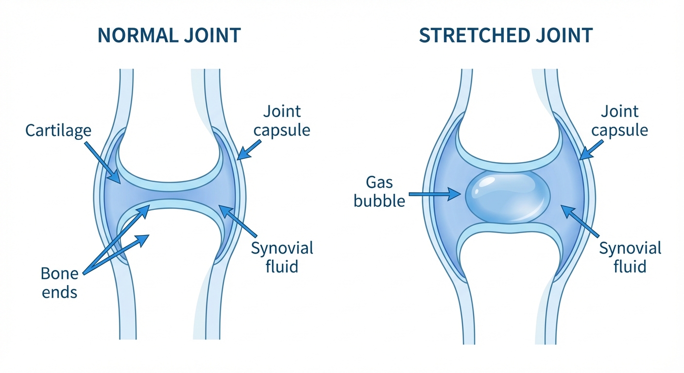 Diagram of finger joint showing synovial fluid and gas bubble