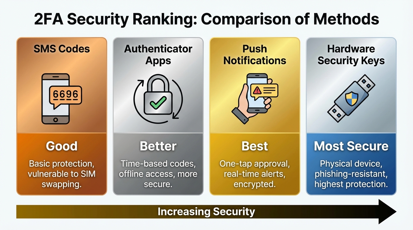 Comparison chart of two-factor authentication methods by security level