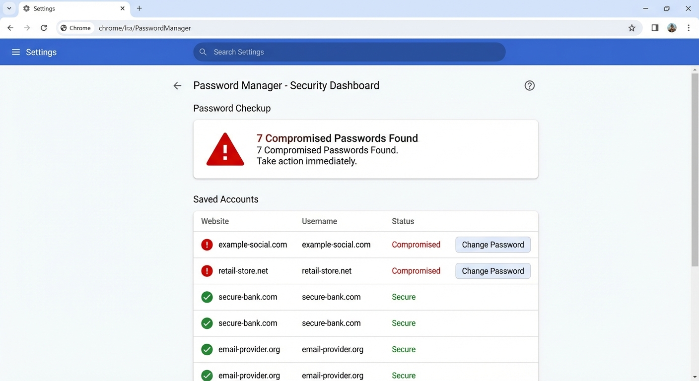 Browser password manager showing security warnings for compromised credentials