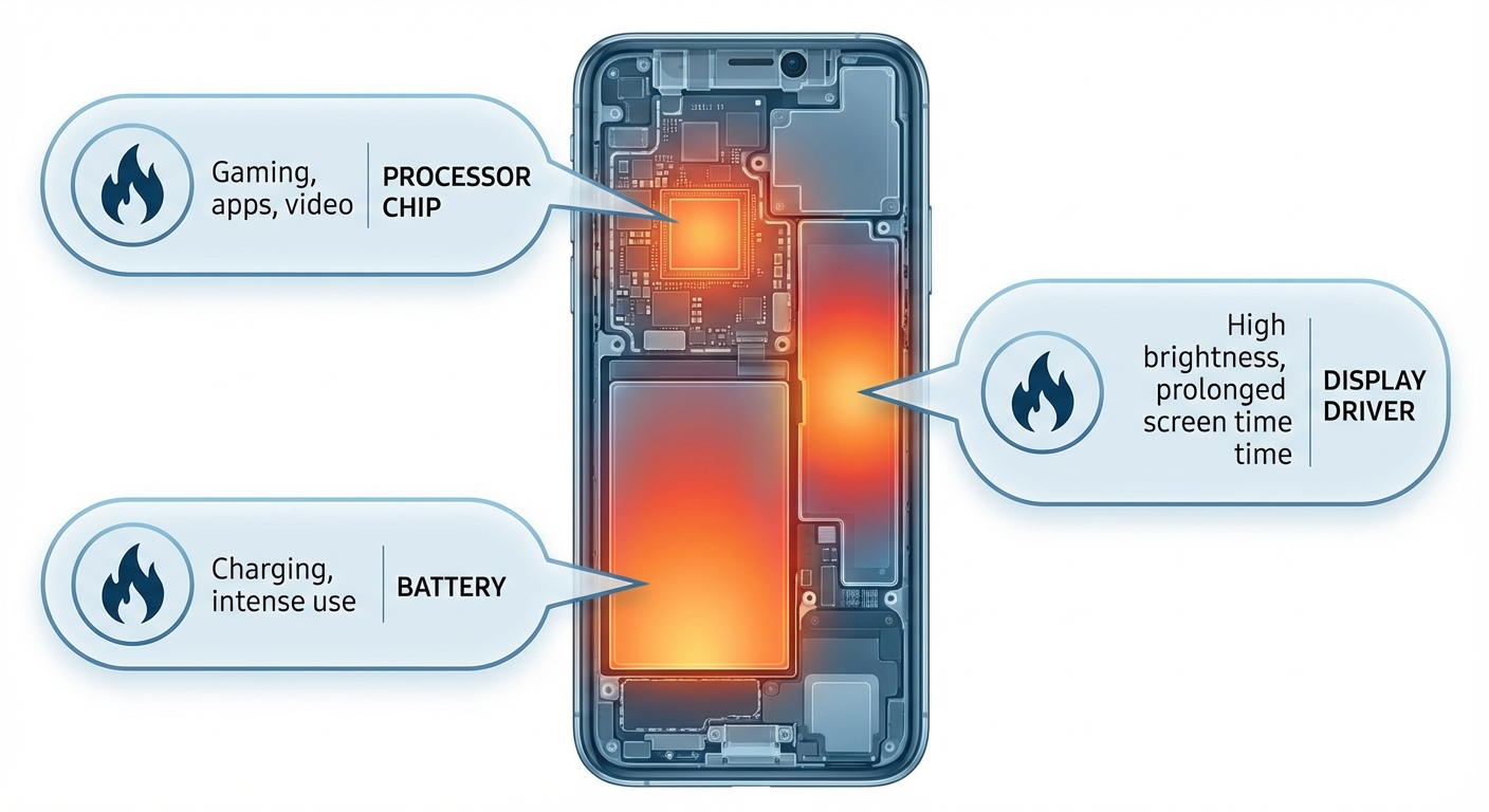 Diagram showing common sources of phone heat including processor, battery, and external factors