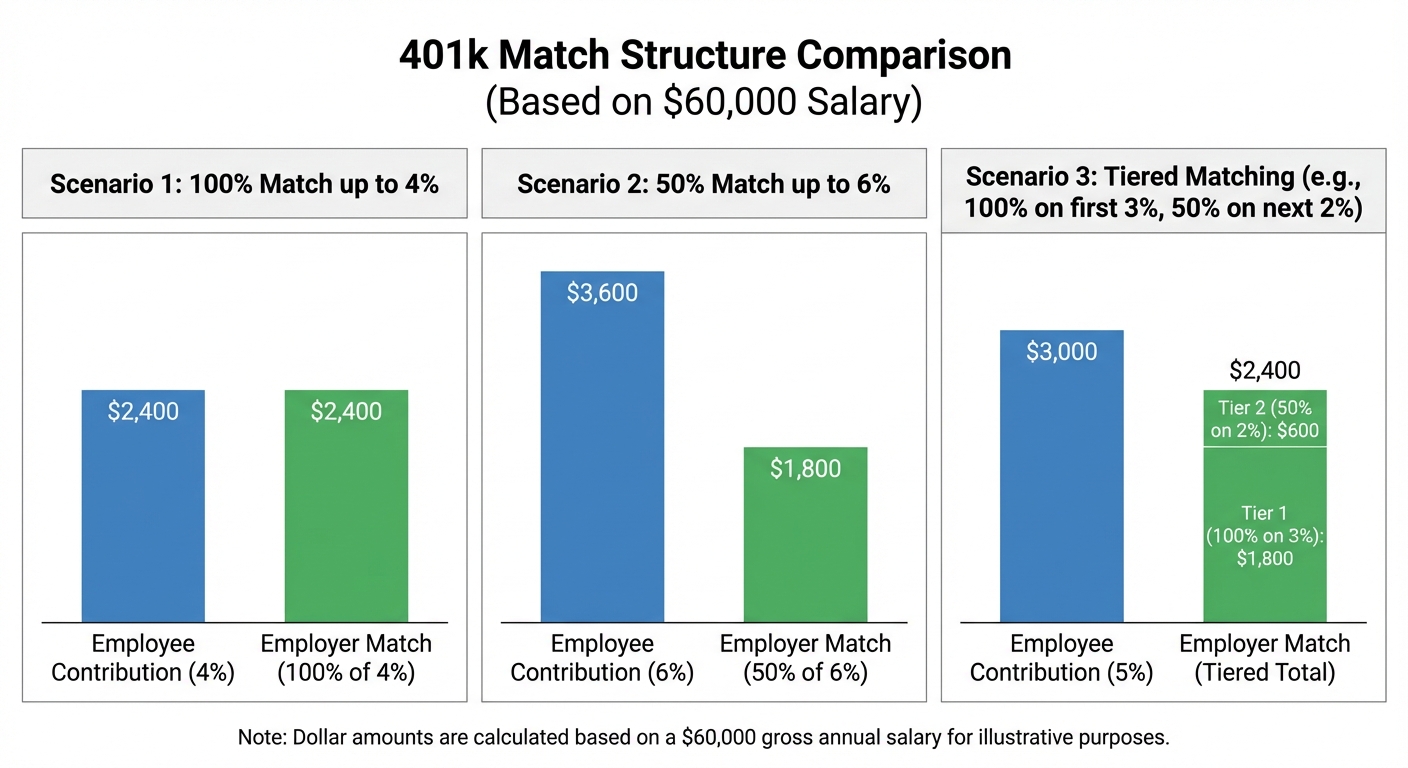 Chart comparing different 401k match formulas and their outcomes