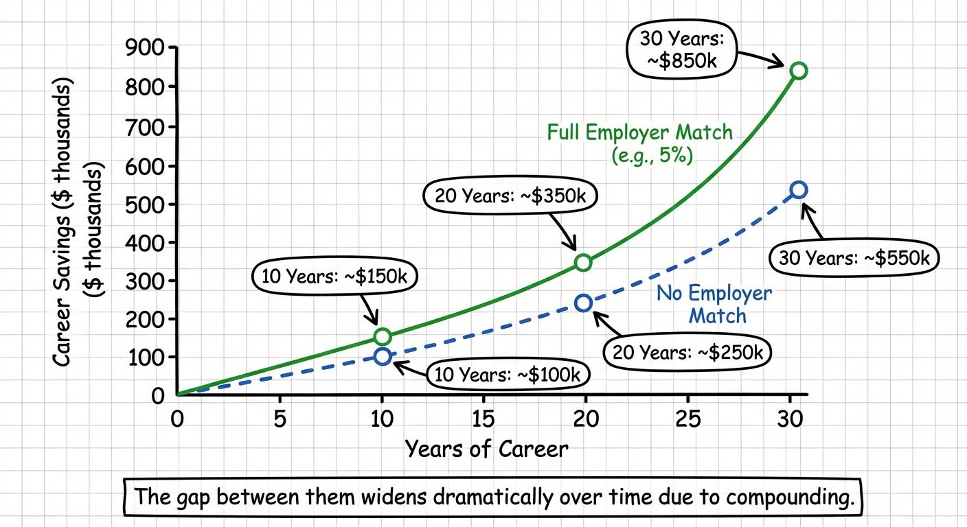 Growth chart showing matched versus unmatched 401k contributions over 30 years