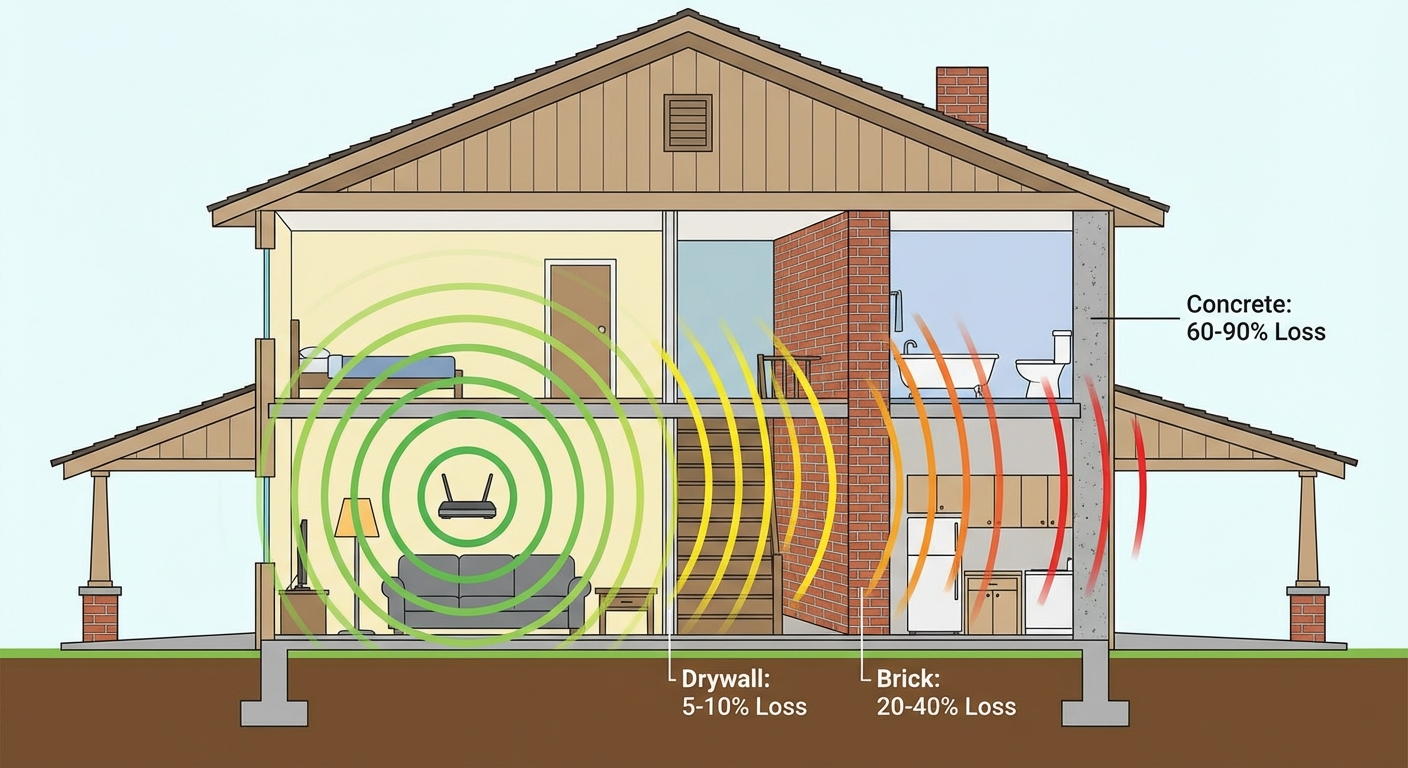 Diagram showing WiFi signal strength decreasing through walls in a home