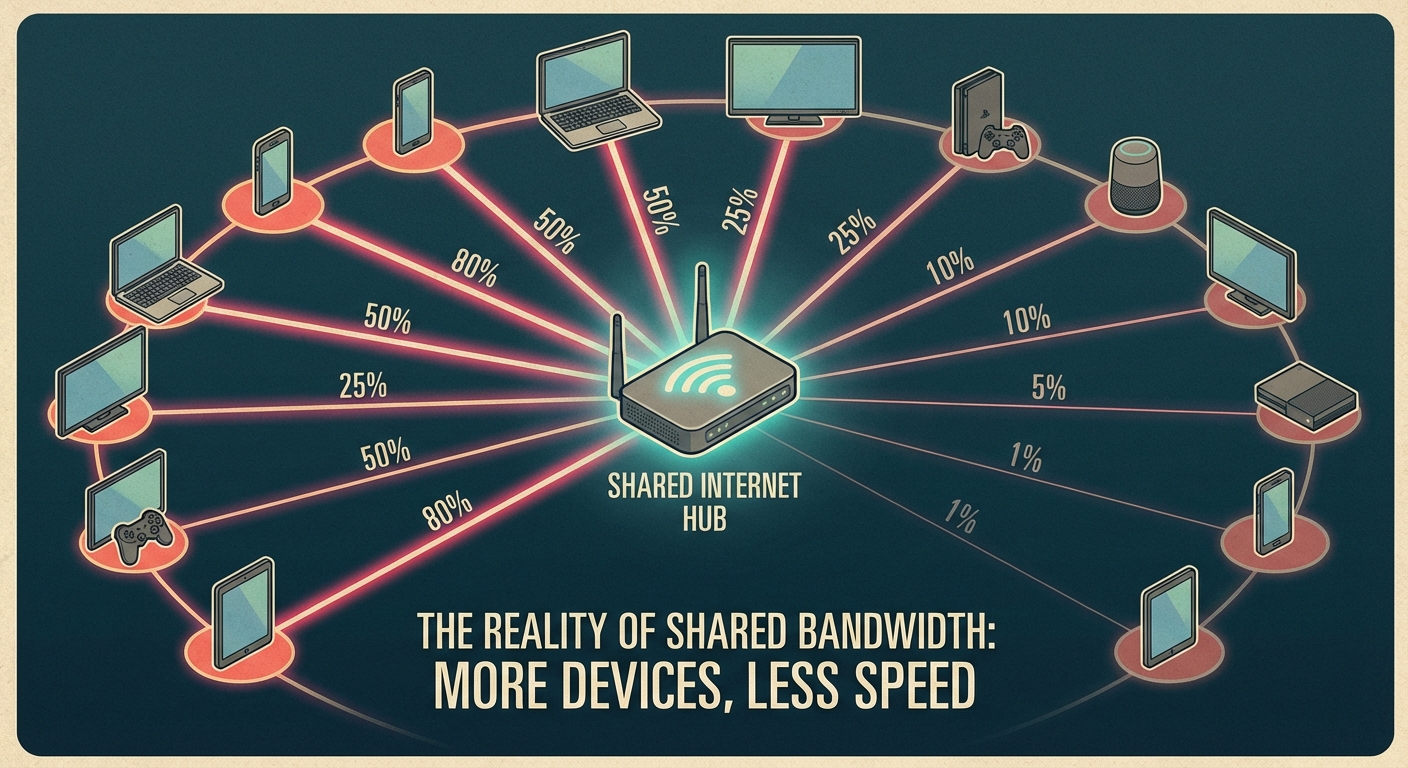 Multiple devices connected to a single router showing bandwidth distribution