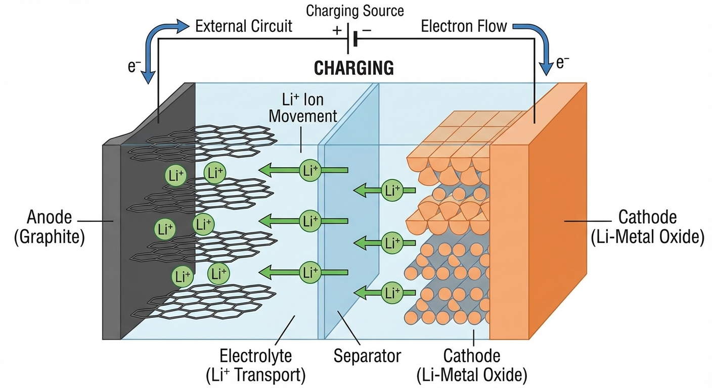 Diagram showing lithium ion movement between anode and cathode during charging