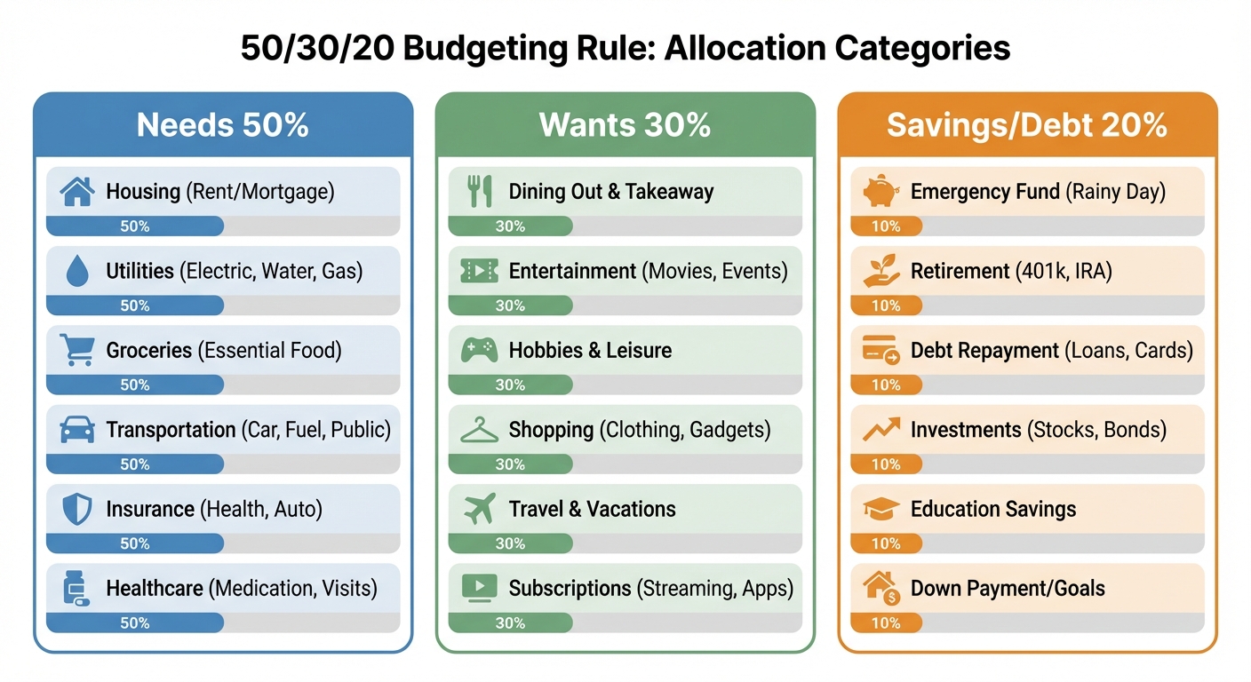 Visual breakdown of budget categories showing needs, wants, and savings