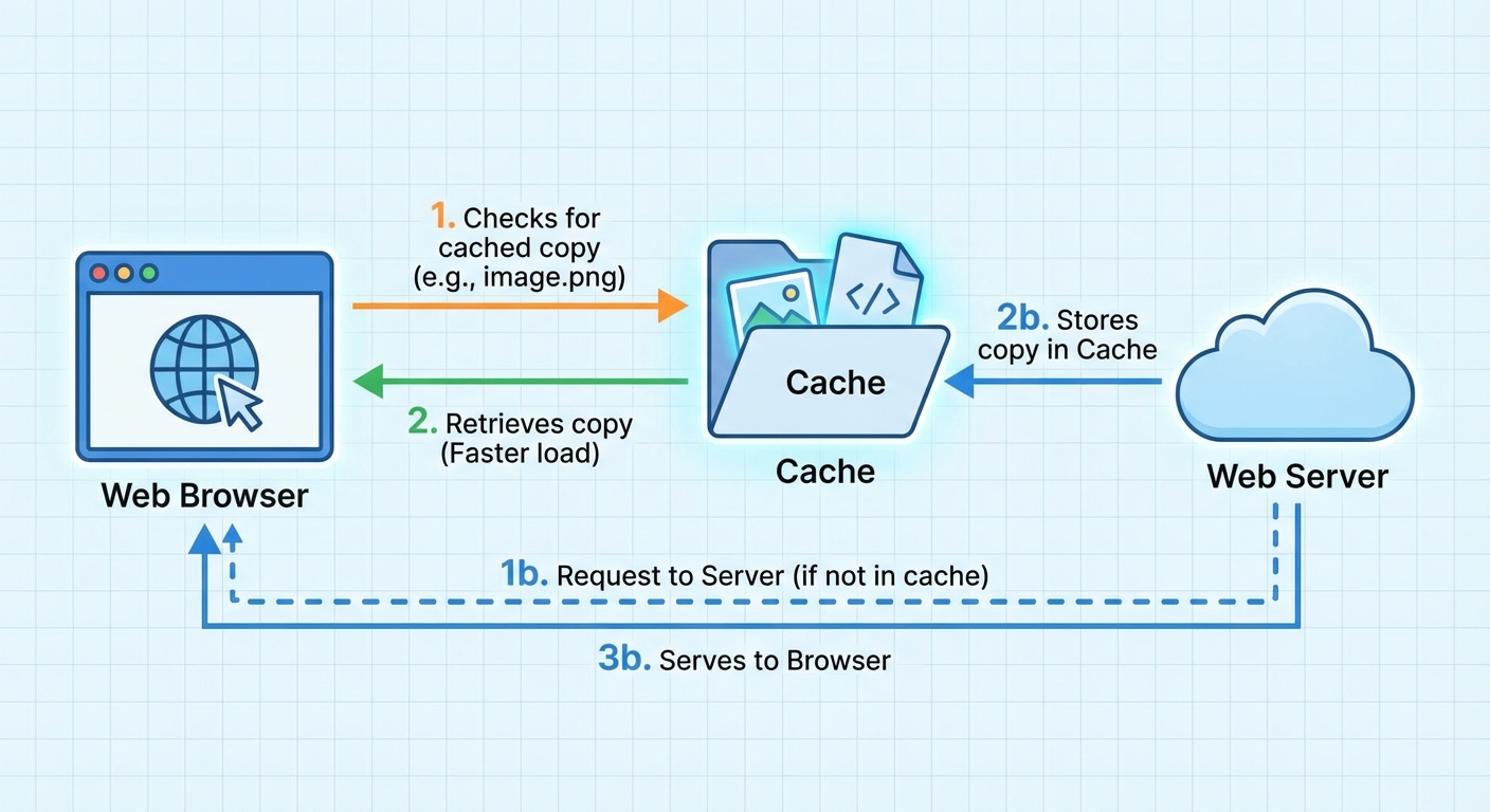 Diagram showing how browser cache stores and retrieves website files