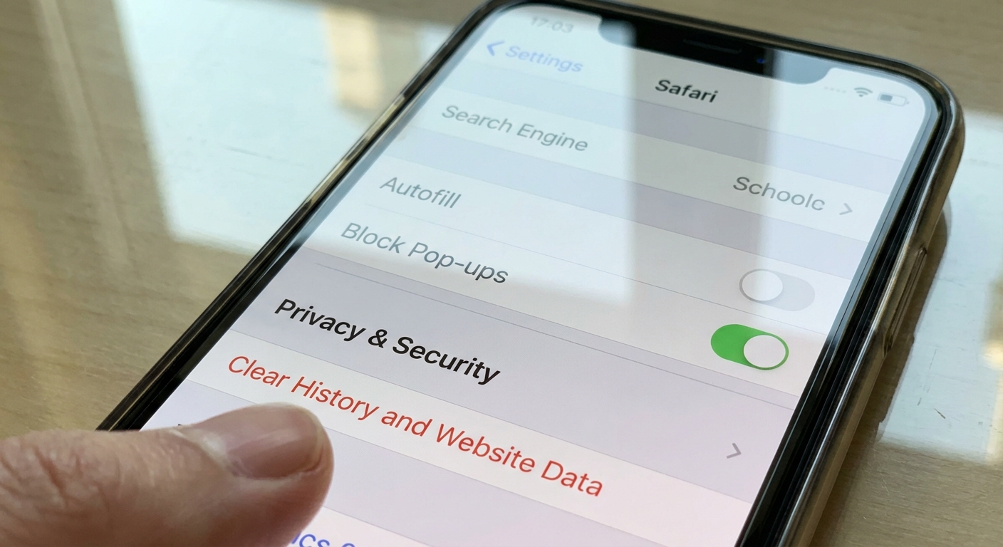 iPhone settings screen showing Safari cache clearing option