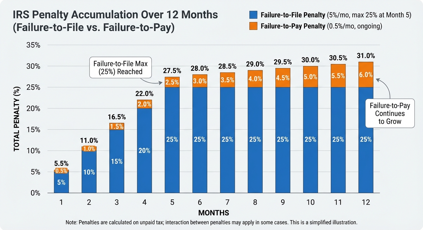 Chart showing how IRS penalties accumulate over time on unpaid taxes