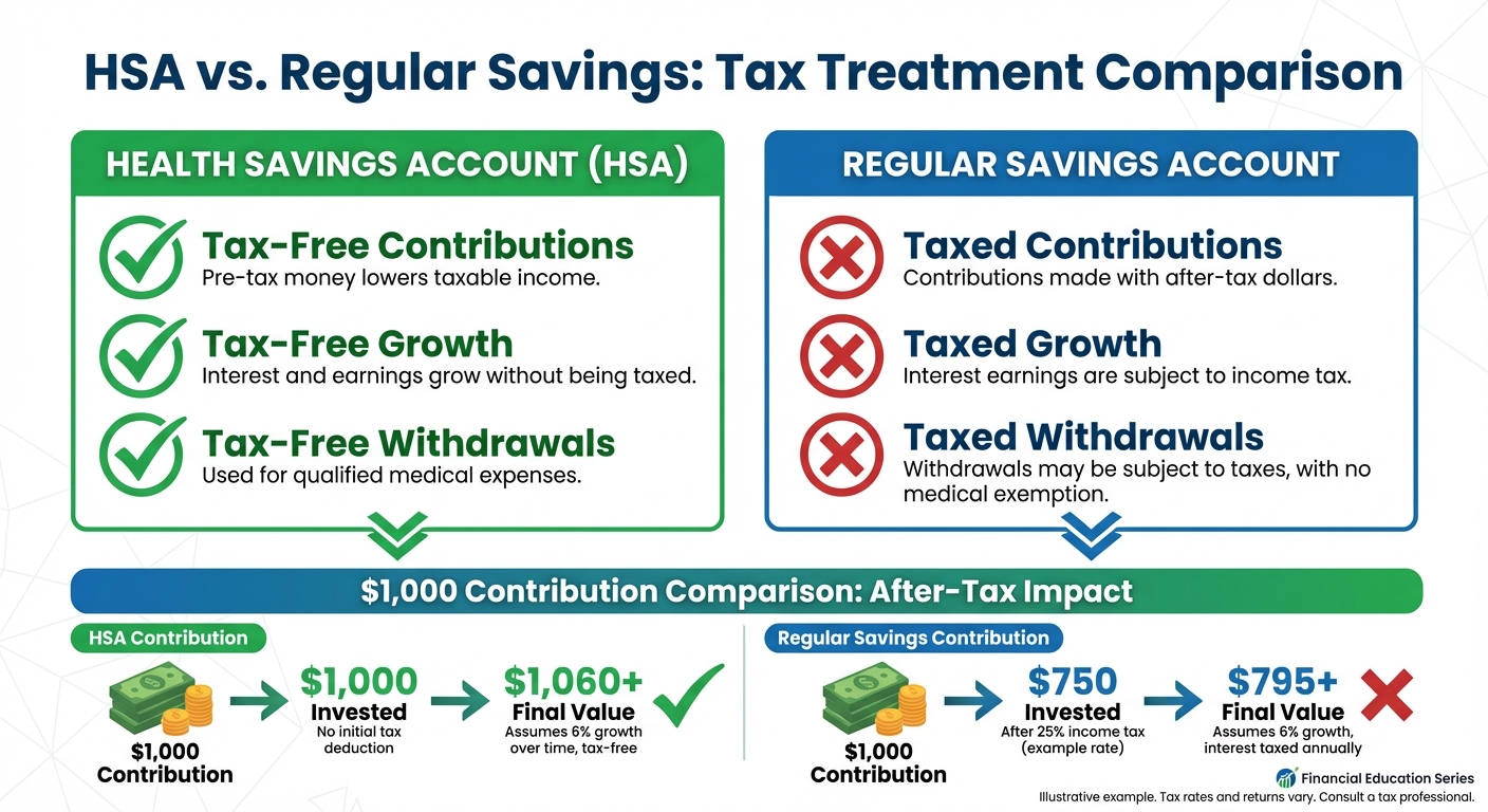 Comparison chart showing HSA triple tax advantage versus traditional savings