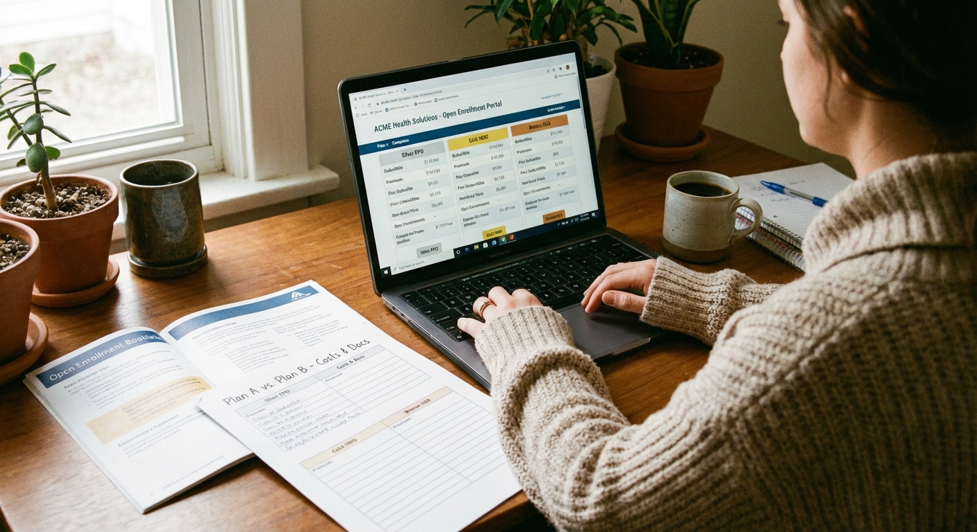 Person reviewing healthcare enrollment options on laptop with benefits documents