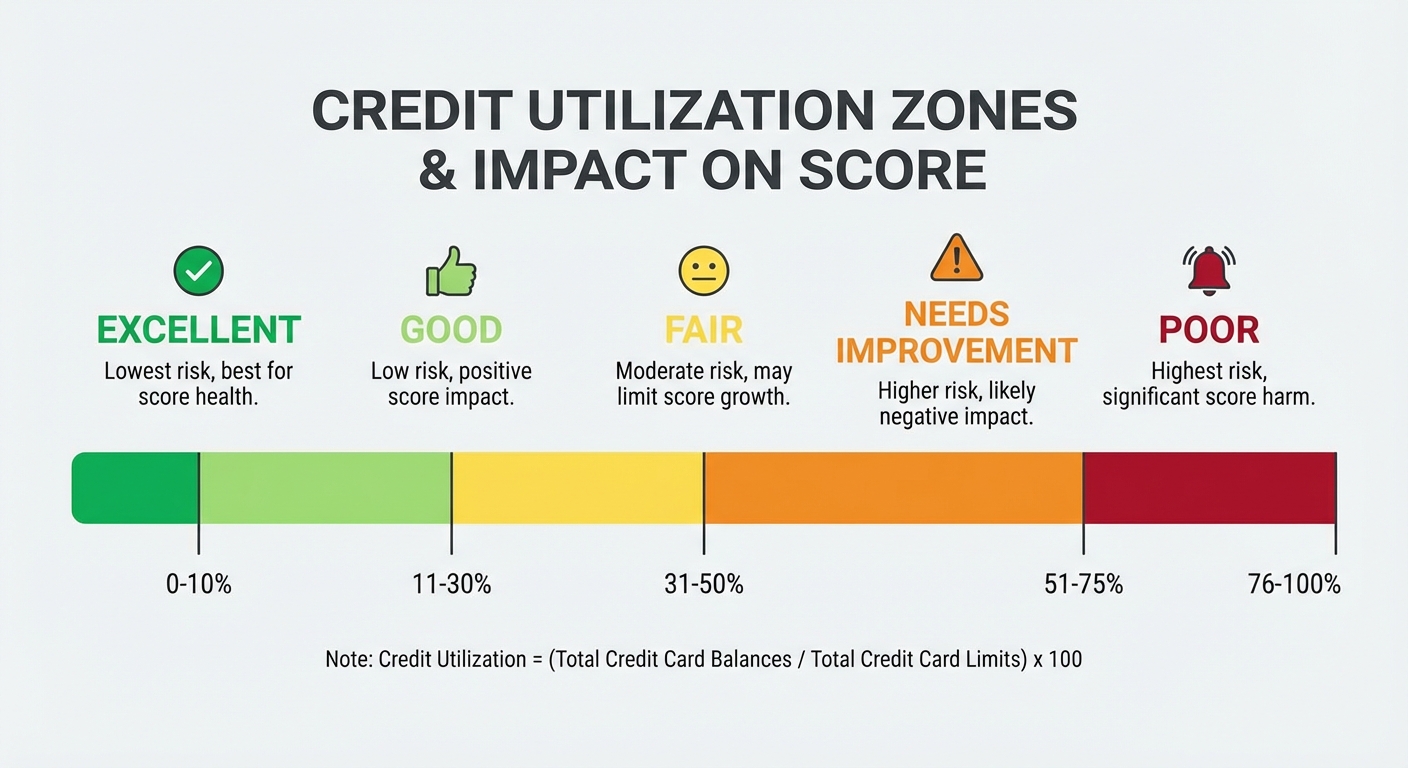 Credit utilization chart showing optimal percentages for credit scores