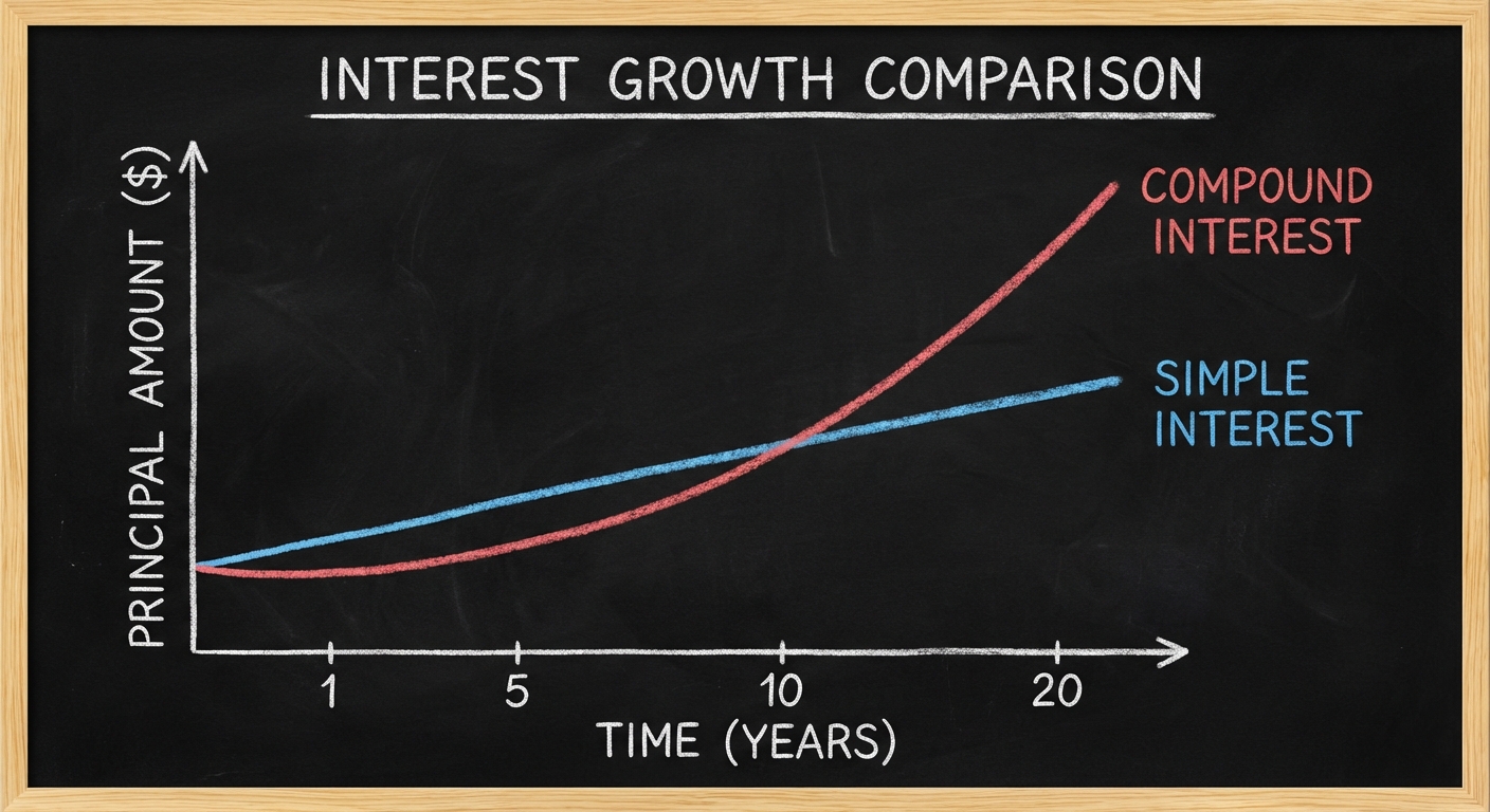 Graph comparing simple interest linear growth versus compound interest exponential curve