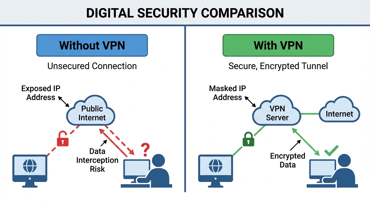 Diagram showing data flow with and without VPN connection