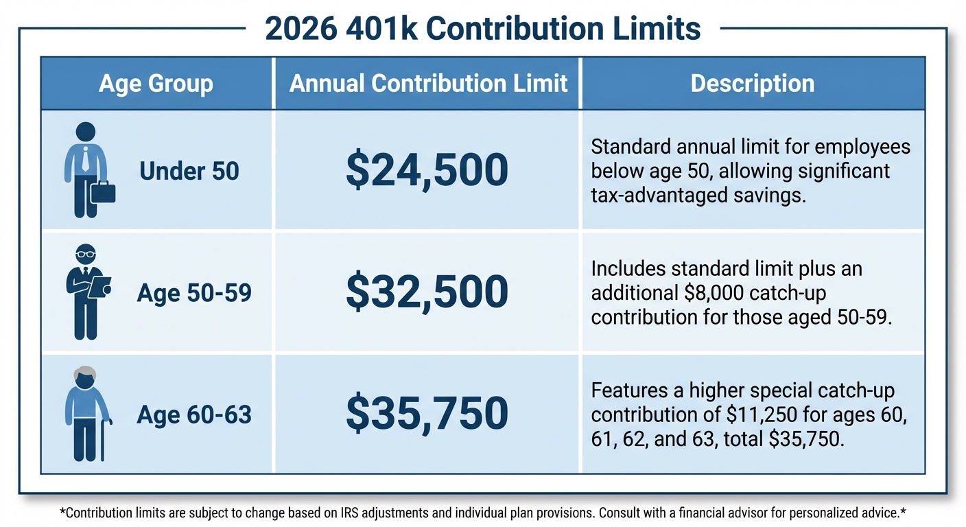 Table comparing 401k limits by age group for 2026