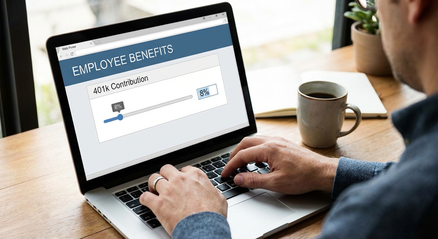 Person reviewing 401k contribution settings on employer benefits portal