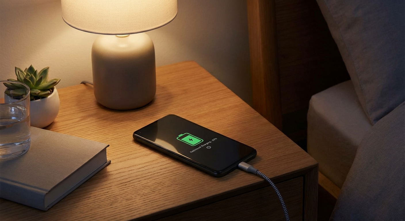Phone charging on nightstand with optimized charging notification displayed