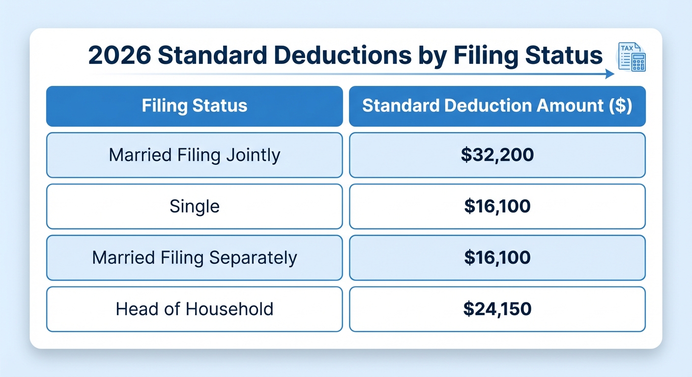 Table comparing 2026 standard deduction amounts by filing status