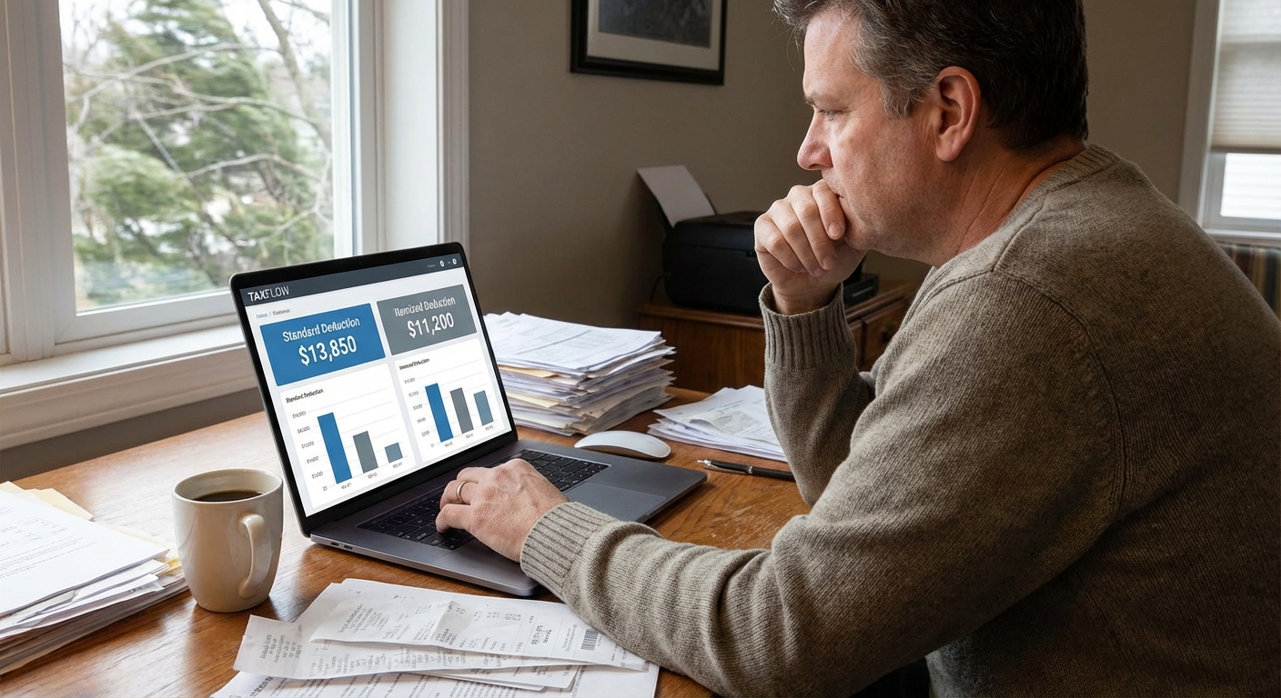 Person comparing standard deduction to itemized deductions on laptop