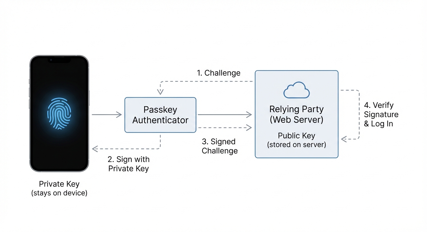Diagram showing passkey authentication flow between device and website