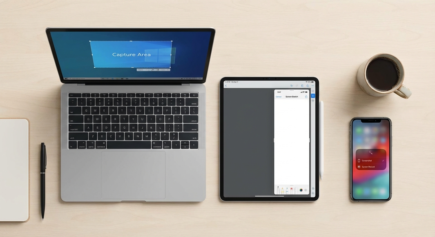 Multiple devices showing screenshot capture interface with selection tools visible