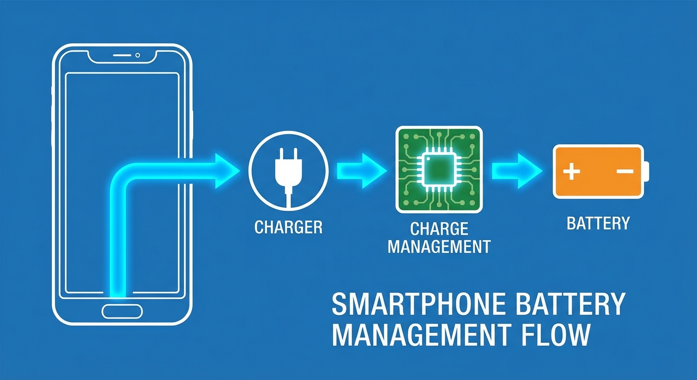 Diagram showing smartphone battery management chip controlling charge flow