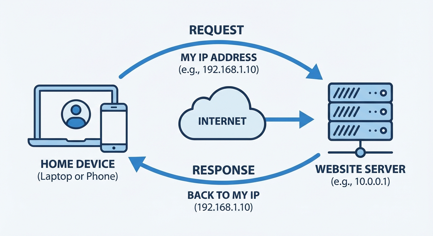 Simple diagram showing data flowing between a device and a website server