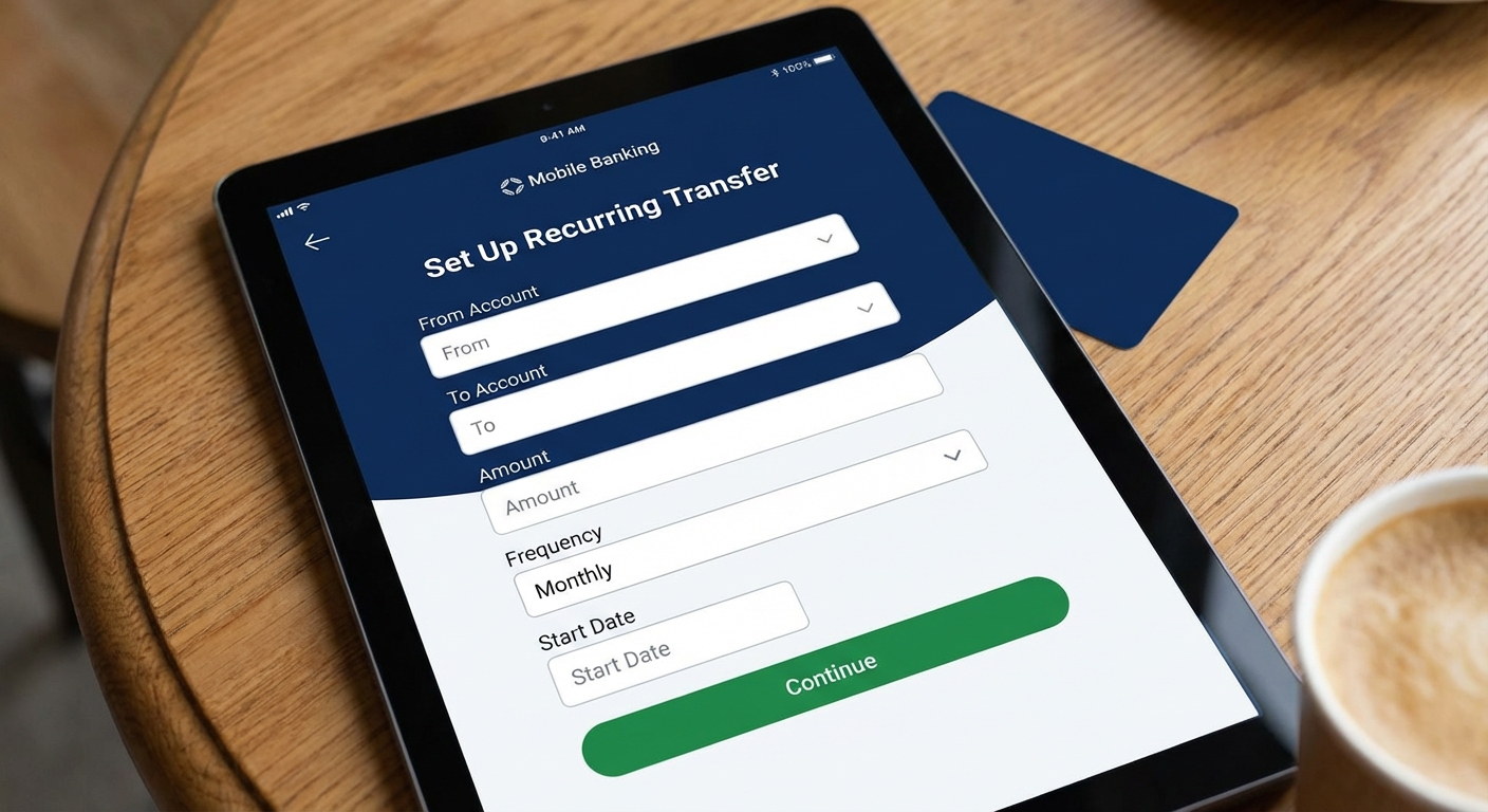Banking app screen showing recurring transfer setup with amount and date fields