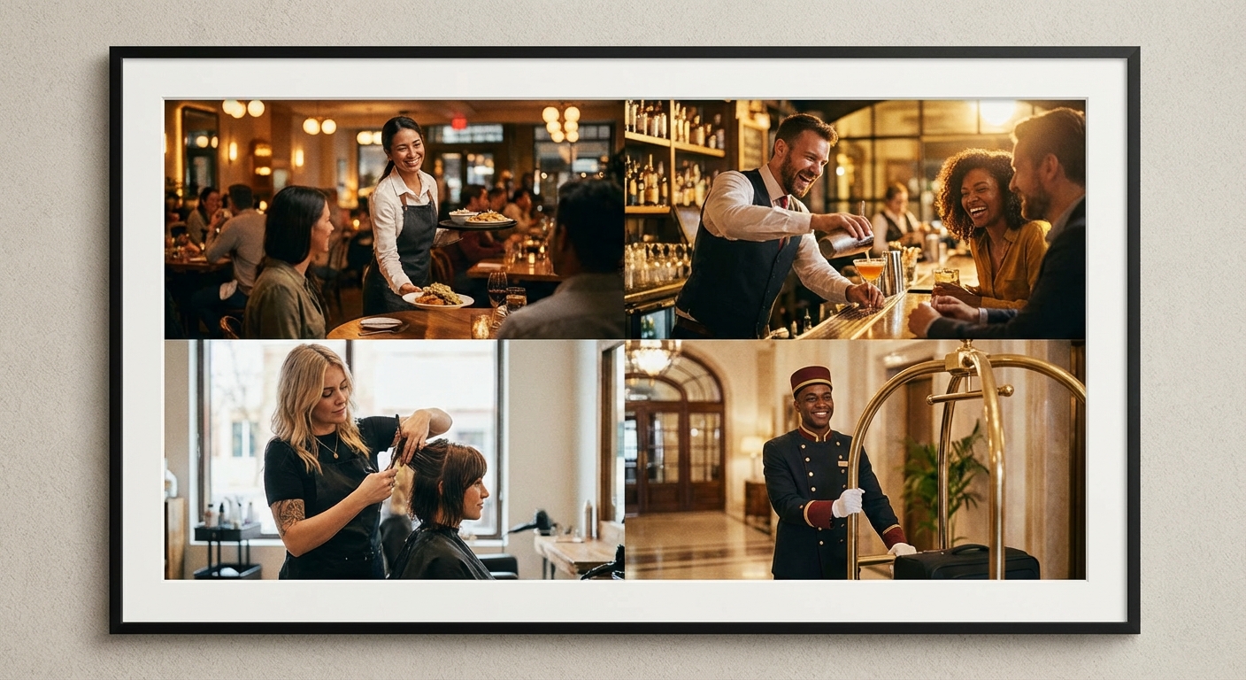 Various service workers including server bartender and salon stylist representing eligible occupations