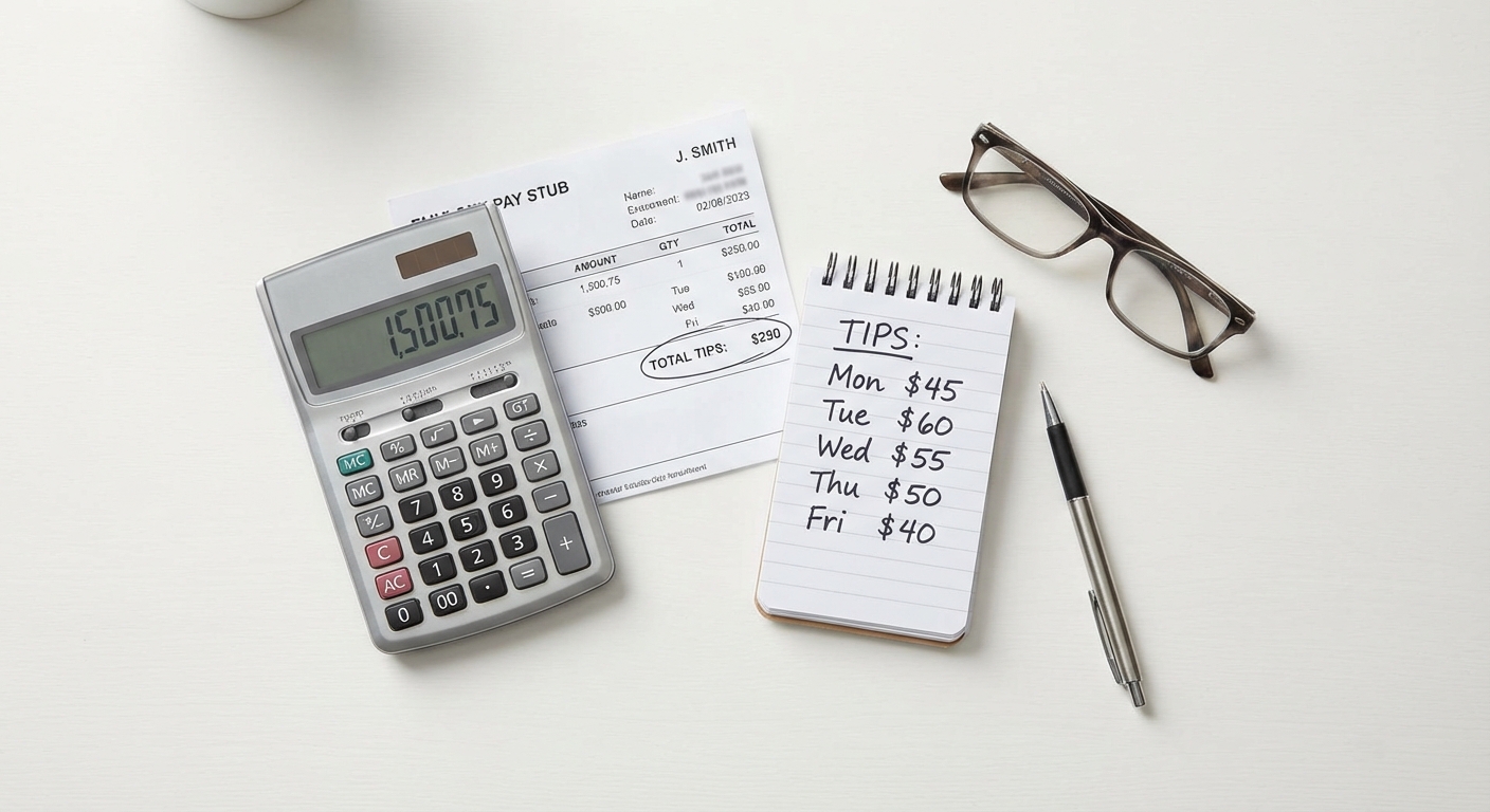 Calculator showing tax savings calculation next to pay stub and tip records