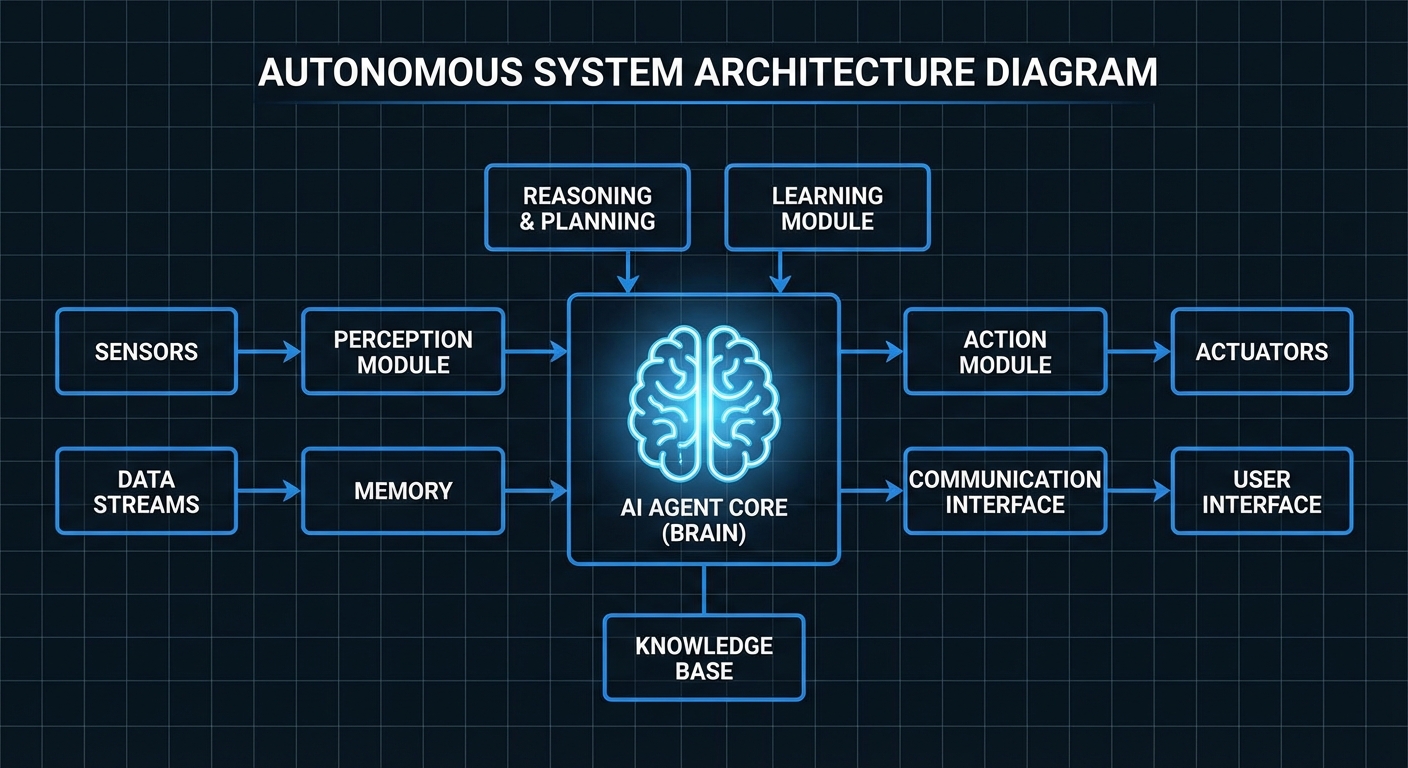 Diagram showing AI agent architecture with language model connected to various tools and APIs
