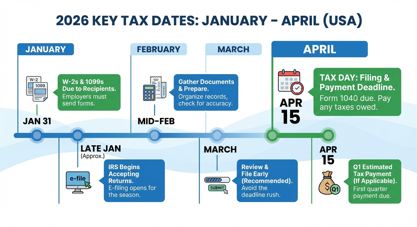 Infographic showing tax season timeline from January through April 2026