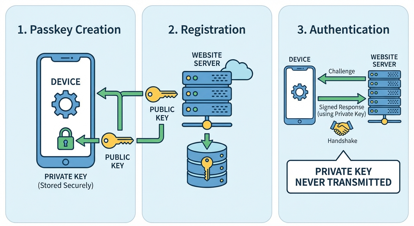 Diagram showing how passkey authentication works between device and website