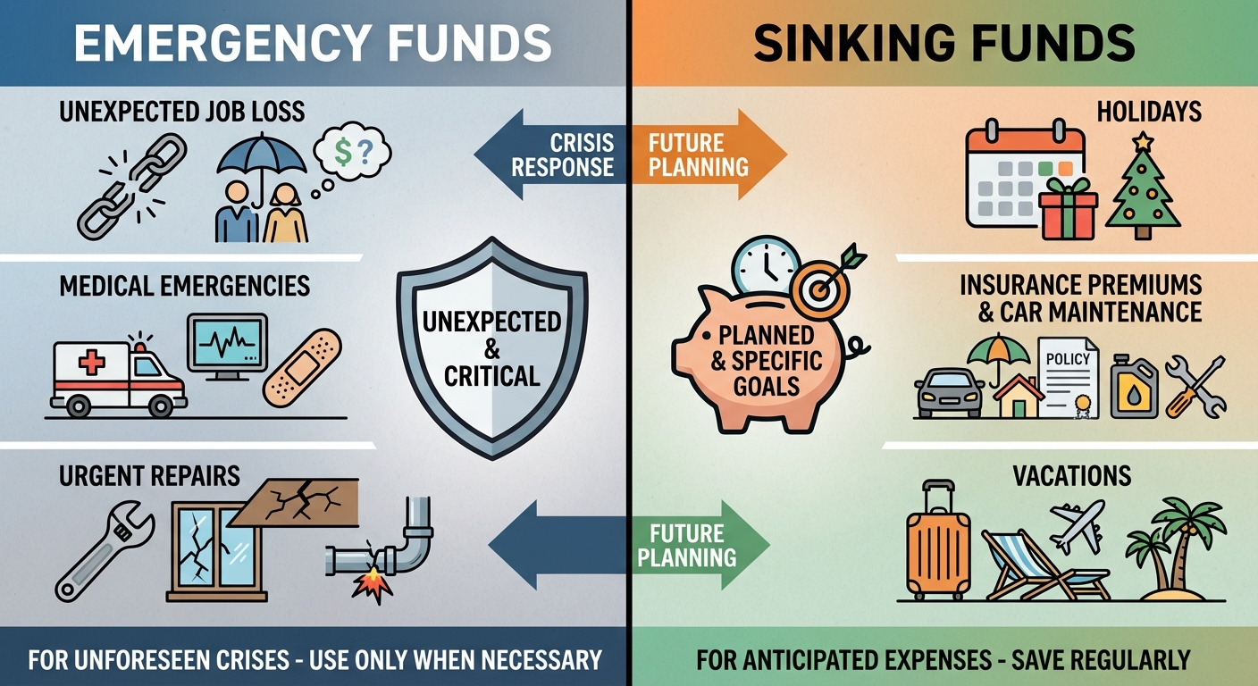 Comparison chart showing emergency fund vs sinking fund purposes